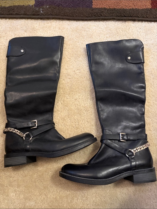Enzo Angiolini Shoes - Enzo Angioluni Black Leather Knee-High Riding Boots with Chain Detail